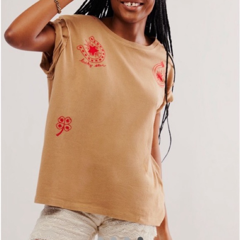 Free people Tan T-Shirt with Red Accents